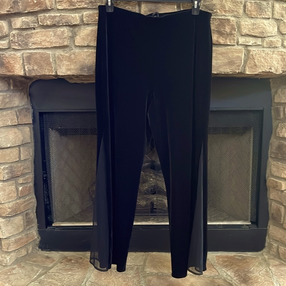 NWT Niki Livas black velvet pants with sheer fabric on the bottom. Size 18